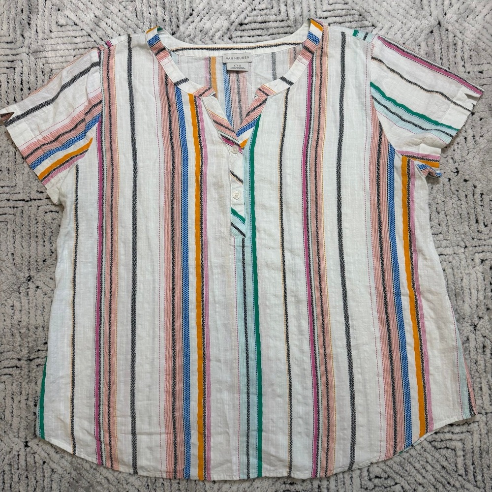 Van Heusen Women's Large Striped‎ Blouse Short Sleeve Cotton Rayon Top Large